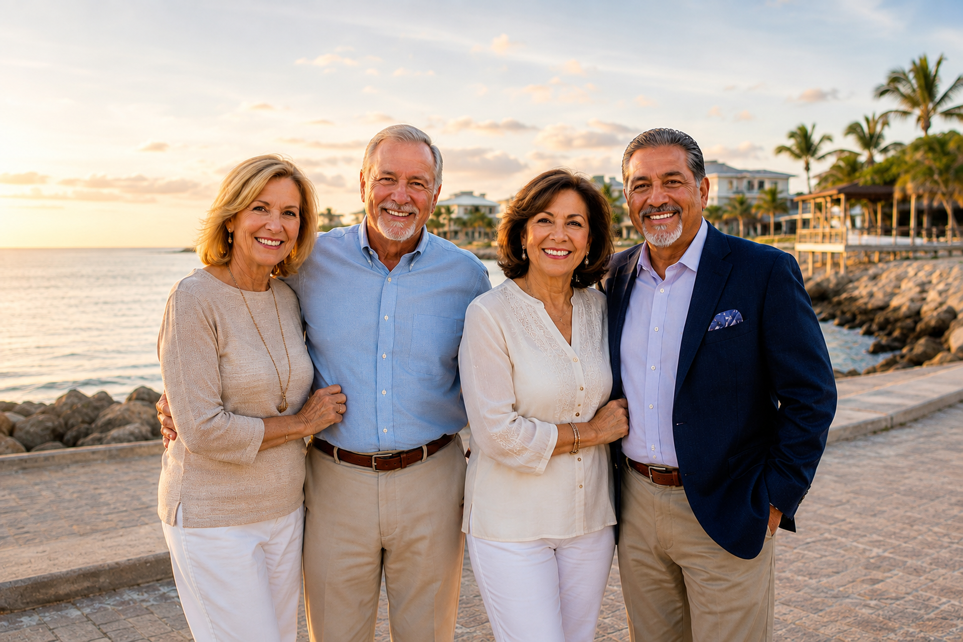Four seniors walking on the beach.